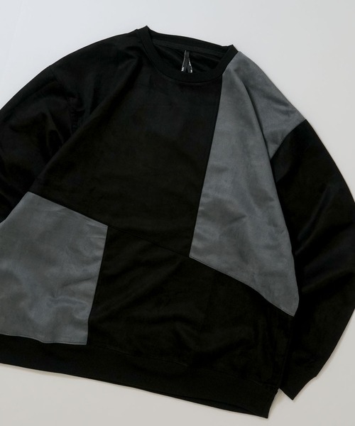 Ritzy（リッツィー）の「faux suede switching design cutsew/スウェードタッチ 切り替えデザイン カットソー レディース メンズ（スウェット・メンズ・ブラック/グレイッシュベージュ/サックスブルー/オフホワイト/チャコールグレー・M/XL/L）」の3枚目の写真