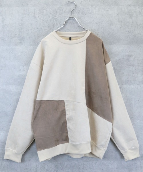 Ritzy（リッツィー）の「faux suede switching design cutsew/スウェードタッチ 切り替えデザイン カットソー レディース メンズ（スウェット・メンズ・ブラック/グレイッシュベージュ/サックスブルー/オフホワイト/チャコールグレー・M/XL/L）」の11枚目の写真