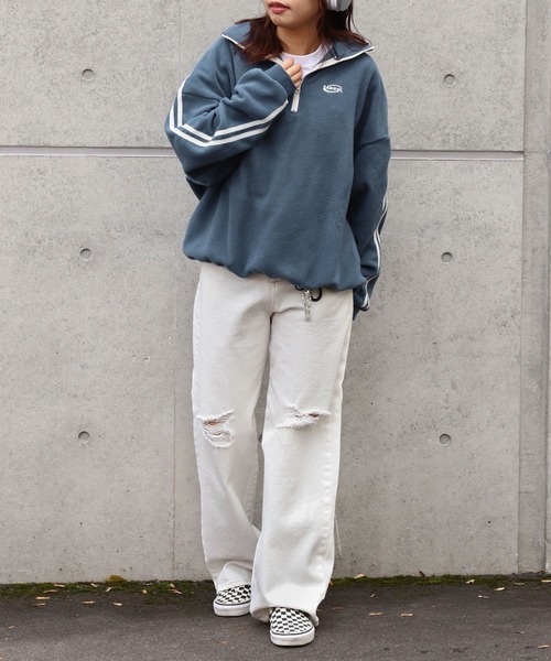 KANGOL（カンゴール）の「【KANGOL】 マイクロ フリース 袖ライン ラグラン 長袖 ハーフジップ プルオーバー スウェット / トレーナー（スウェット・レディース・ブラック×ホワイト/グレー系1/ブルー系/ホワイト×ブルー/ホワイト×ブラック/チャコールグレー×ブラック/ブラック×ブルー/ネイビー系/グレー系・MEDIUM/LARGE）」の16枚目の写真