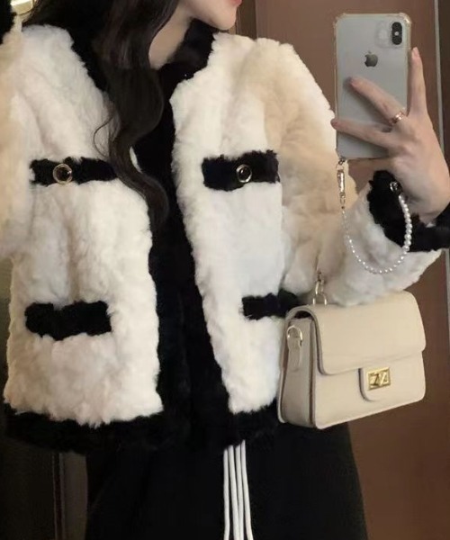 エコファーバイカラー配色もこもこジャケット（テーラードジャケット