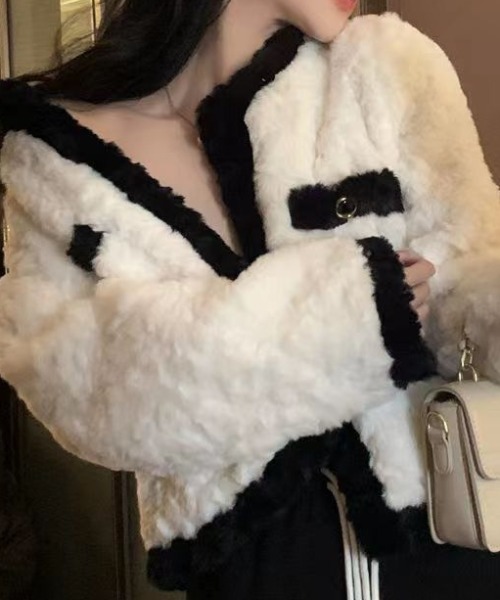 セール】エコファーバイカラー配色もこもこジャケット（テーラード