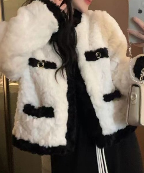 セール】エコファーバイカラー配色もこもこジャケット（テーラード