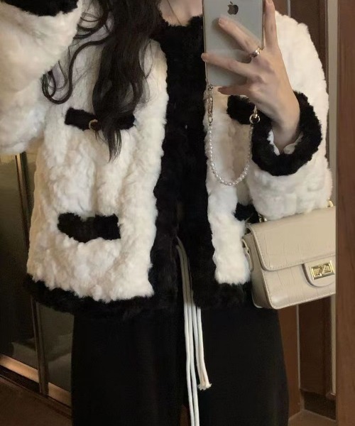 エコファーバイカラー配色もこもこジャケット（テーラードジャケット