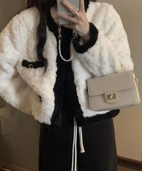 エコファーバイカラー配色もこもこジャケット（テーラードジャケット