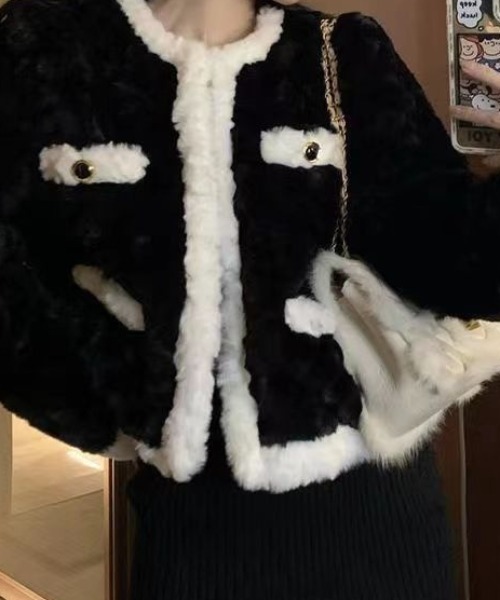 セール】エコファーバイカラー配色もこもこジャケット（テーラード