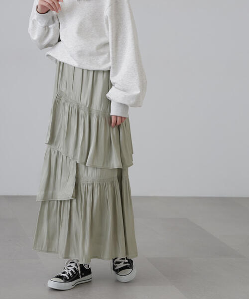 FREE'S MART（フリーズマート）の「◇アシメシャーリングティアードスカート（スカート・レディース・ホワイト/ブラック/ピンク系その他/ライトグリーン・SMALL/MEDIUM）」の3枚目の写真