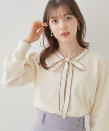 couture brooch | 【レディライクな華奢見せニット】配色ラインリボンタイニット(ニット/セーター)