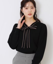 couture brooch | 【レディライクな華奢見せニット】配色ラインリボンタイニット(ニット/セーター)