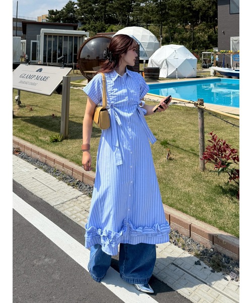 セール】【再入荷】ギャザーリボンロングシャツワンピース 夏服