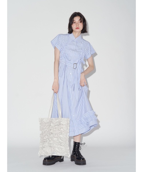セール】【再入荷】ギャザーリボンロングシャツワンピース 夏服