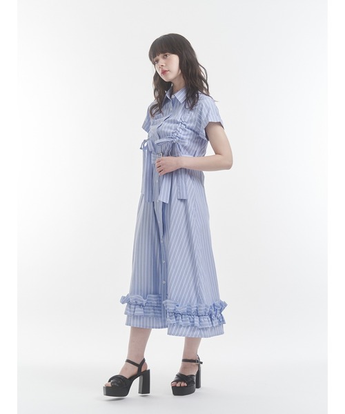 jouetieジュエティ☆ギャザーリボンロングシャツワンピース☆ブルー☆used セール】【再入荷】ギャザーリボンロングシャツワンピース 夏服