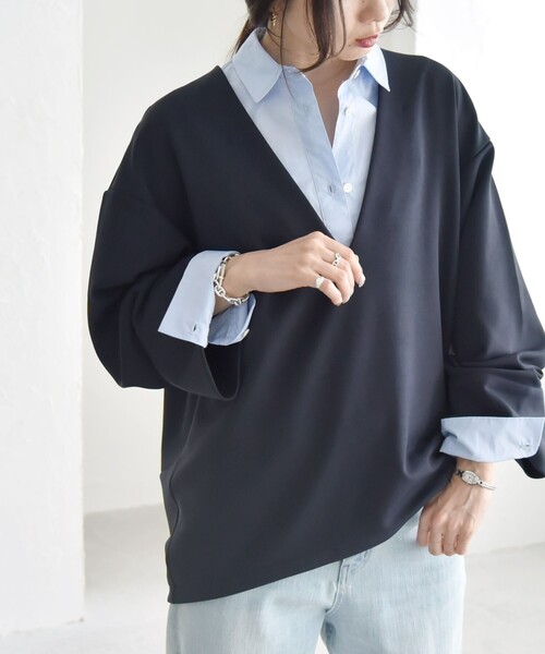 quaranciel（カランシエル）の「quaranciel:〈洗濯機可能〉ダンボール コクーン Vネック プルオーバー（Tシャツ/カットソー・レディース・カーキ/ネイビー・ONE SIZE）」の12枚目の写真