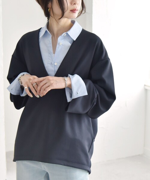 quaranciel（カランシエル）の「quaranciel:〈洗濯機可能〉ダンボール コクーン Vネック プルオーバー（Tシャツ/カットソー・レディース・カーキ/ネイビー・ONE SIZE）」の13枚目の写真