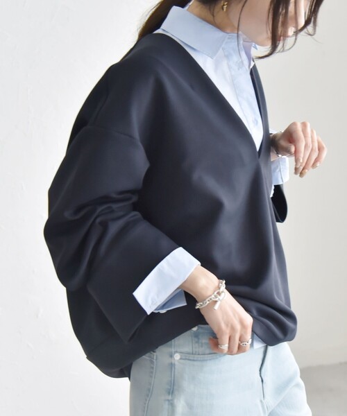 quaranciel（カランシエル）の「quaranciel:〈洗濯機可能〉ダンボール コクーン Vネック プルオーバー（Tシャツ/カットソー・レディース・カーキ/ネイビー・ONE SIZE）」の16枚目の写真
