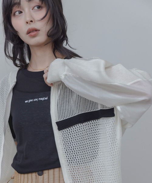 Eimee Law（エイミーロウ）の「布帛MIXメッシュニットブルゾン（ニット/セーター・レディース・ブラック/モカ/アイボリー/ホワイト系/カーキ系/ブラック系・FREE）」の3枚目の写真