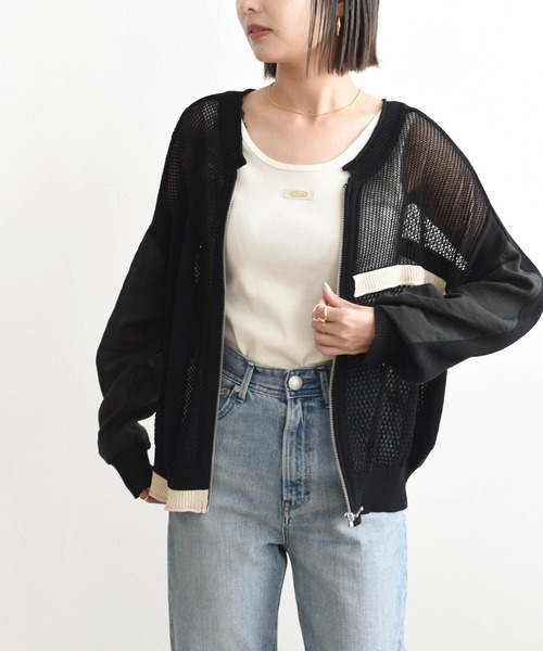 Eimee Law（エイミーロウ）の「布帛MIXメッシュニットブルゾン（ニット/セーター・レディース・ブラック/モカ/アイボリー/ホワイト系/カーキ系/ブラック系・FREE）」の5枚目の写真