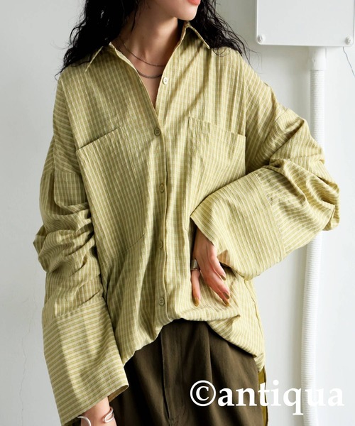 antiqua(アンティカ)の「ビッグカフスチェックシャツ(シャツ/ブラウス・レディース・ブラック/グリーン・ONESIZE)」の1枚目の写真