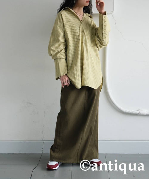 antiqua(アンティカ)の「ビッグカフスチェックシャツ(シャツ/ブラウス・レディース・ブラック/グリーン・ONESIZE)」の5枚目の写真