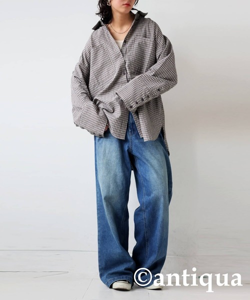antiqua(アンティカ)の「ビッグカフスチェックシャツ(シャツ/ブラウス・レディース・ブラック/グリーン・ONESIZE)」の20枚目の写真
