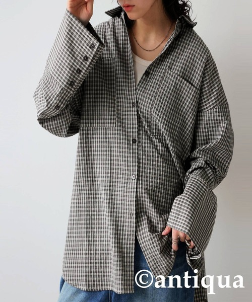 antiqua(アンティカ)の「ビッグカフスチェックシャツ(シャツ/ブラウス・レディース・ブラック/グリーン・ONESIZE)」の22枚目の写真
