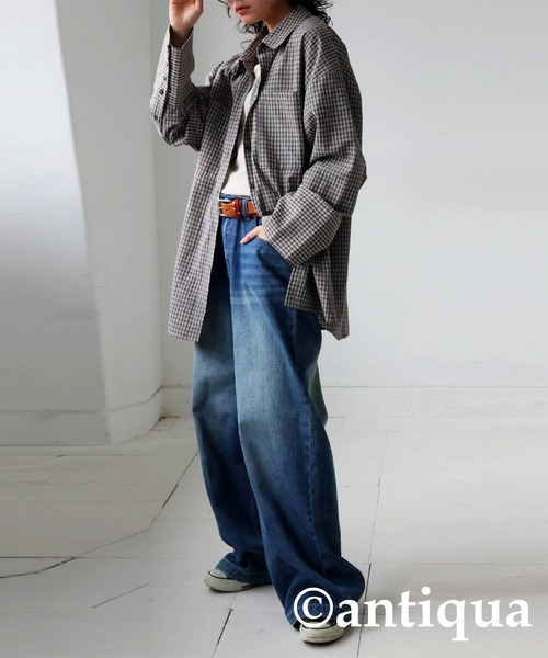 antiqua(アンティカ)の「ビッグカフスチェックシャツ(シャツ/ブラウス・レディース・ブラック/グリーン・ONESIZE)」の3枚目の写真