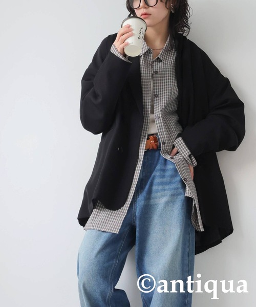antiqua(アンティカ)の「ビッグカフスチェックシャツ(シャツ/ブラウス・レディース・ブラック/グリーン・ONESIZE)」の4枚目の写真