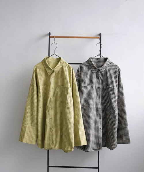 antiqua(アンティカ)の「ビッグカフスチェックシャツ(シャツ/ブラウス・レディース・ブラック/グリーン・ONESIZE)」の10枚目の写真
