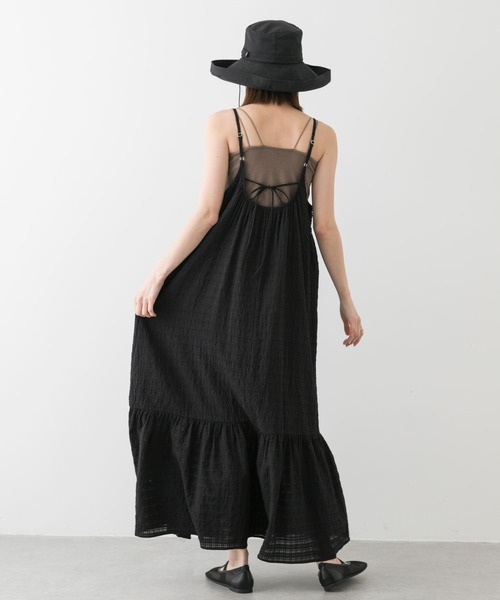 MA✽RS♡シャンパンローズ柄♡ドット♡胸元おりぼん♡キャミワンピース♡黒ピンク one way（ワンウェイ）の「肩リボンシャーリングキャミワンピース