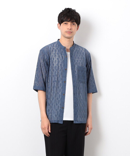 セール】透かし柄レース 5分袖 バンドカラーシャツ（シャツ/ブラウス