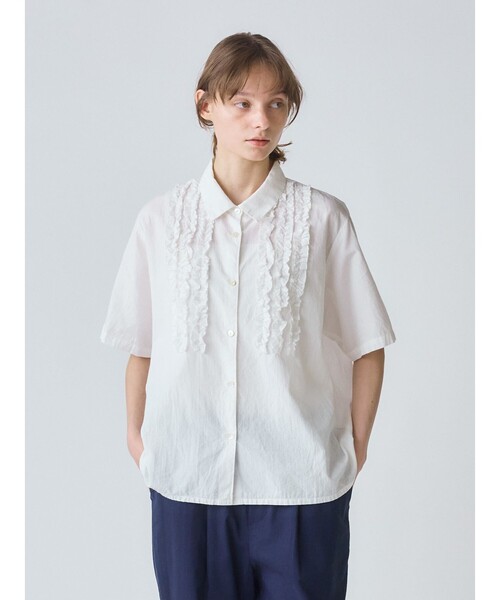 人気　MIU MIU　フロントフリルシャツ　長袖　ブラウス　シルク　XL MIU MIU（シャツ/ブラウス(長袖/七分)）のフリマアイテム一覧