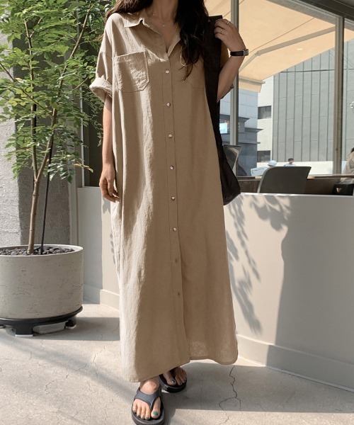Doux Belle(ドゥーベル)の「ロング丈シンプルシャツワンピース(シャツワンピース・レディース・ベージュ/ピンク/ブラウン/マスタード/グリーン/ブルー/ダークグレー・FREE)」の10枚目の写真