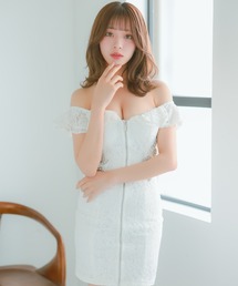 [CLOSED] キャバドレス ミニ タイト オフショルダー フリル袖 フロントジップ 谷間魅せ シアー くびれ ビジュー 総レースドレス