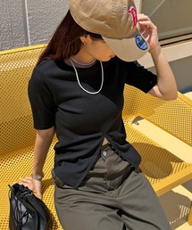 ISOOK | 【ISOOK / アイスー】ホックデザインリブTシャツ / 半袖 カットソー スリットTシャツ リブトップス オフィスカジュアル ZOZOTOWN限定(Tシャツ/カットソー)