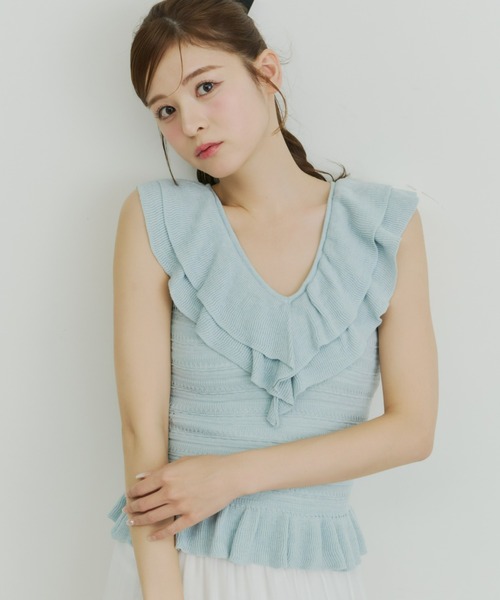 Olu.(オルドット)の「フリルニットトップス(ニット/セーター・レディース・ブルー/アイボリー・FREE)」の1枚目の写真