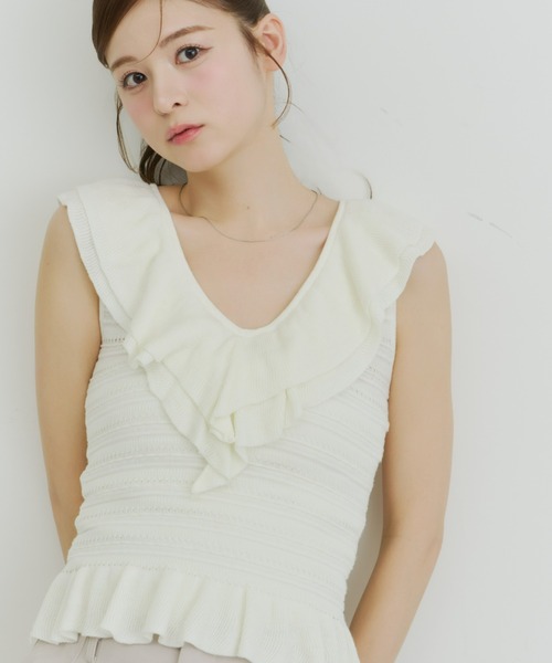 Olu.(オルドット)の「フリルニットトップス(ニット/セーター・レディース・ブルー/アイボリー・FREE)」の9枚目の写真