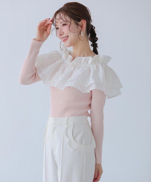 Fit more（フィットモア）の「ジャガードショルダーフリルリブニット（ニット/セーター・レディース・ホワイト/ピンク/ブラック・FREE）」の3枚目の写真