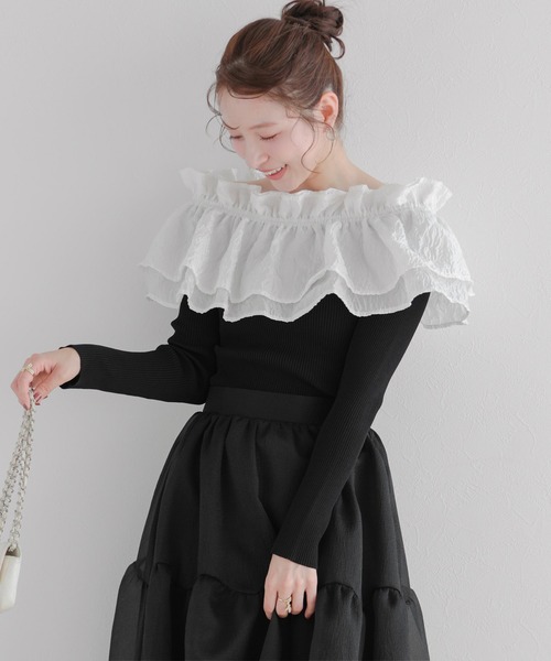 Fit more（フィットモア）の「ジャガードショルダーフリルリブニット（ニット/セーター・レディース・ホワイト/ピンク/ブラック・FREE）」の9枚目の写真