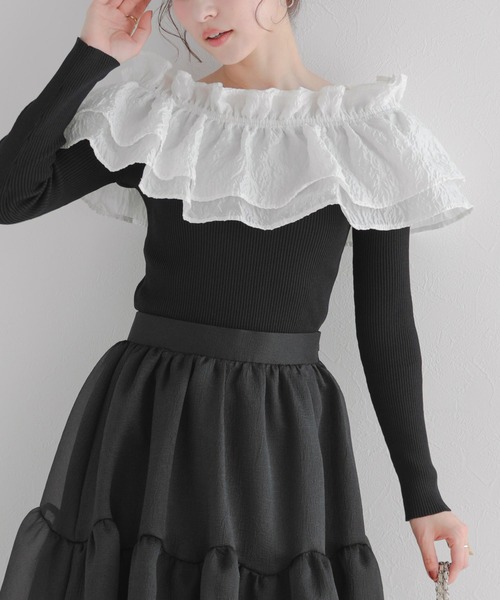 Fit more（フィットモア）の「ジャガードショルダーフリルリブニット（ニット/セーター・レディース・ホワイト/ピンク/ブラック・FREE）」の12枚目の写真