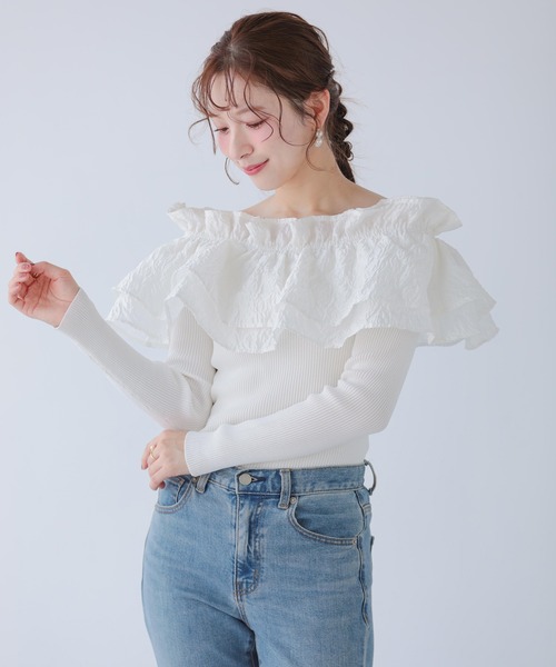 Fit more（フィットモア）の「ジャガードショルダーフリルリブニット（ニット/セーター・レディース・ホワイト/ピンク/ブラック・FREE）」の18枚目の写真