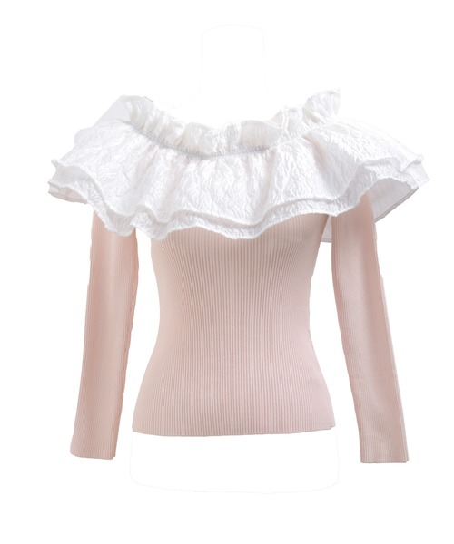 Fit more（フィットモア）の「ジャガードショルダーフリルリブニット（ニット/セーター・レディース・ホワイト/ピンク/ブラック・FREE）」の6枚目の写真