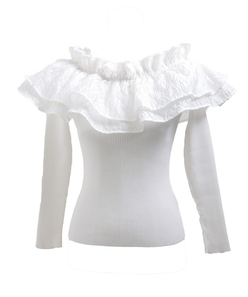 Fit more（フィットモア）の「ジャガードショルダーフリルリブニット（ニット/セーター・レディース・ホワイト/ピンク/ブラック・FREE）」の7枚目の写真