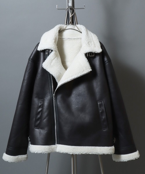セール】Faux shearling biker jacket/ フェイクムートン 裏ボア