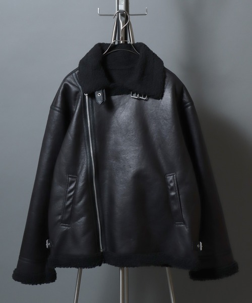 美品✨リアルムートン ダブル ライダースジャケット ボア ブラック XL相当 セール】Faux shearling biker jacket/ フェイクムートン 裏ボア