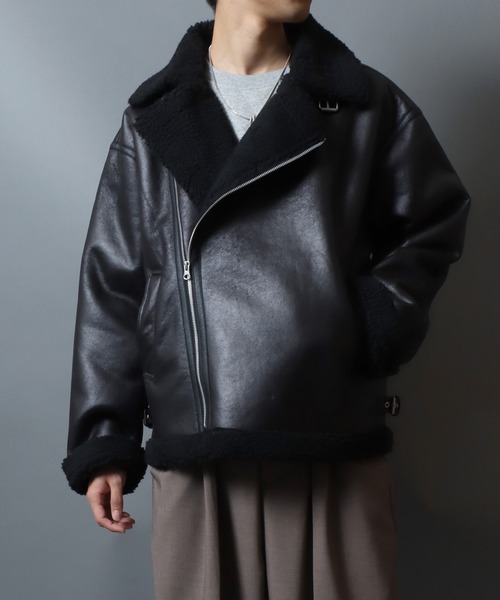 セール】Faux shearling biker jacket/ フェイクムートン 裏ボア
