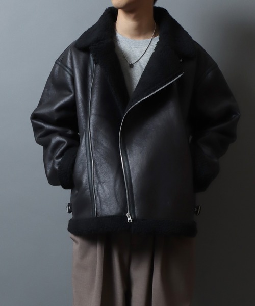 セール】Faux shearling biker jacket/ フェイクムートン 裏ボア