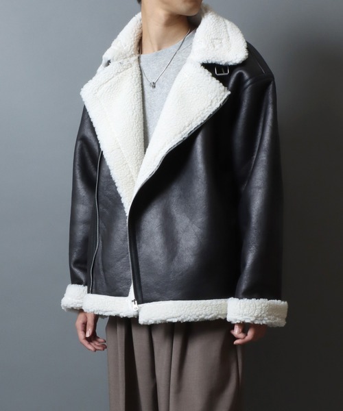 セール】Faux shearling biker jacket/ フェイクムートン 裏ボア