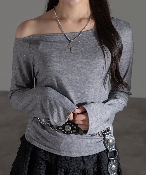 apres jour mignon(アプレジュールミニョン)の「ホットフィットオフショルトップス(Tシャツ/カットソー・レディース・ブラック/チャコールグレー/杢グレー・フリー/X-LARGE)」の1枚目の写真