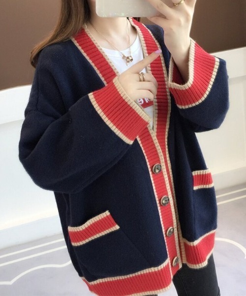 cammie(キャミー)の「配色デザインニットカーディガン(カーディガン/ボレロ・レディース・ネイビー/サックスブルー/オフホワイト/レッド/ベージュ・F)」の1枚目の写真
