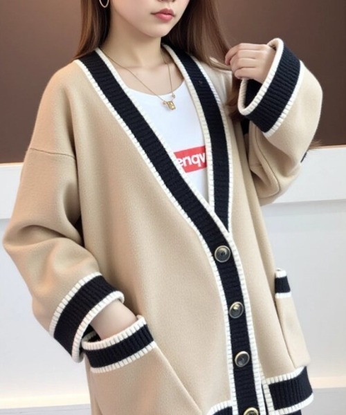 cammie(キャミー)の「配色デザインニットカーディガン(カーディガン/ボレロ・レディース・ネイビー/サックスブルー/オフホワイト/レッド/ベージュ・F)」の21枚目の写真