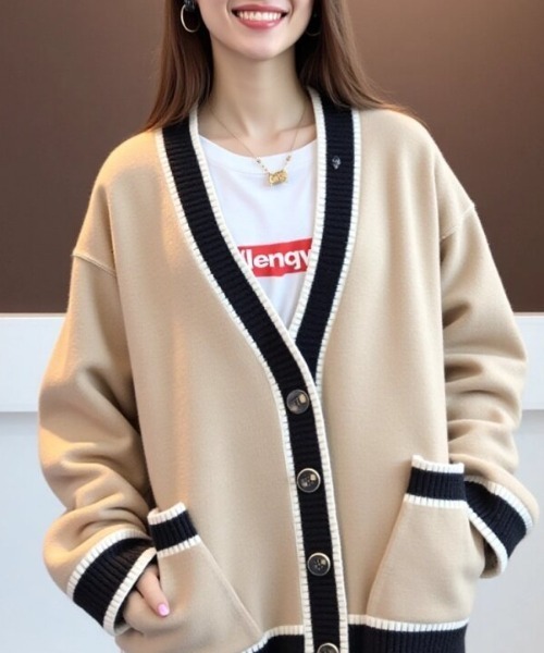 cammie(キャミー)の「配色デザインニットカーディガン(カーディガン/ボレロ・レディース・ネイビー/サックスブルー/オフホワイト/レッド/ベージュ・F)」の20枚目の写真